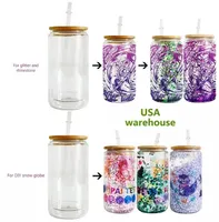 US Warehouse Sublimation Glass Tumblers 16oz 25oz Double Wall Snow Globe Cups Blank Bamboo Lid Beer Can Glass Mason Jar Mug With Plastic Straw
