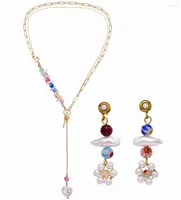 Necklace Earrings Set Stainless Steel Baroque Flower Titanium Long Beaded Pearl