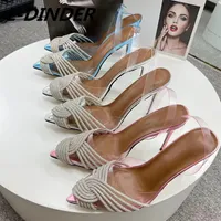 Spring Crystal PVC Women Party Shoes Clear Pointy Toe Slingback Thin High Heel Banquet Wedding Sandals Shiny Stilettos262w
