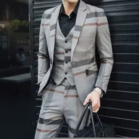 Suits Blazers Vest 2021 Plaid Clothing Men Slim Cotton SuitsMale High Quality Groom Wedding Dress Man Tuxedo Blazers J220906