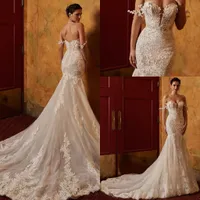 Elegant Lace Mermaid Wedding Dresses Off The Shoulder Sparkling Tulle Applique Beaded Sweep Train Arabic Bridal Gowns
