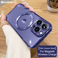 iPhone 14 Plus 13 12 Mini 11 Pro XR XS Max Max Transparent Soft Cover用のMagsafeワイヤレス電荷磁気ケースの豪華なメッキ