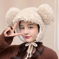 Berets Women Winter Cute Big Bear Ear Hats Casual Lamb Wool Hat Solid Korean Style Women&#39;s Outdoor Warm Earflap Caps