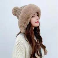 Outdoor Earflap Wool Knitted Snow Ski Cap Fleece Bomber Trapper Hat Women Faux Fur Pompom Winter Beanie Hat Bonnet Femme Cap207G