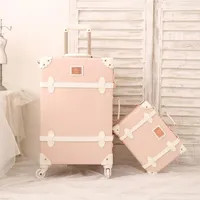Suitcases Retro Fashion Handmade Set Rolling Luggage Makeup Bag Women Pink Spinner Carry On Travel Trolley Suitcase Box With Cosmetic Case