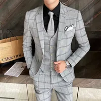 Suits Blazers Pants 2021 Luxury 3Piece Men Suit Fashion Male Slim Fit Plaid Business Office Suit Sets Groom Wedding Dress Tuxedo J220906