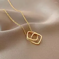 Cadenas de doble anillo cuadrado Collar de acero de titanio Fashion Micro Set Zircon Simple Timeless para mujeres joyas
