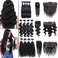 Brazilian Virgin Hair Straight Body Water Deep Wave Bundles with Closure Unprocessed Kinky Curly Human Hair Bundles with Lac280q