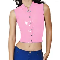 Kadın Tişörtleri Vinil T-Shirt Ceket Islak görünümlü kulüp pvc deri düğmesi lateks kulüp kostümü unsex sokak kıyafeti yaz ceketi S-7XL