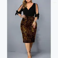 Robes de taille plus 2022 Fashion V Neck Loose Femme d￩contract￩e D￩coration Sequin Sexy Elegant Midi Dames Gift For Lady