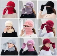 Women Winter Hats Keep Warm Knitted Hat And Scarf Two Pieces Set For Female Casual Rabbit Fur Bucket Cap HH22-309