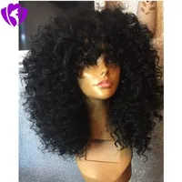 Natural black Afro Kinky Curly Wigs with bangs Heat Resistant Gluelese short Synthetic Lace Front Wigs with bangs for Black women163f
