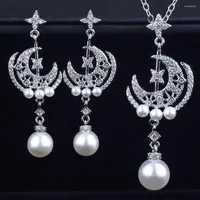 Necklace Earrings Set Luxury Silver Color Pearl Zircon For Women Wedding Engagement Moon And Star Drop