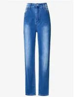 Kadınlar mavi yıkanmış esnek düz renkli kot pantolon gündelik yüksek streç sıska denim ince fit