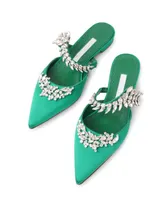 Sandals Mules Slippers Summer Luxury Brands Flat Satin Crystal Embellished Stacked Heel Pointed Toe Lady Party Wedding Dress