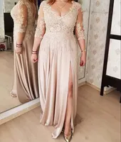 Sexy Champagne Mother Of The Bride Dresses V Neck Evening Dresses 3 4 Long Sleeves Lace Appliques chiffon High Split Plus Size Party Gowns Prom Dress