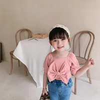 Shirts Summer Baby Girls Cute Big Bowknot Square Collar Short Sleeve T Cotton 3 Colors Puff Tees