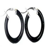 New Fashion Black Agate Onyx 925 Sterling Silver Snap Closure Hoop Earrings3326