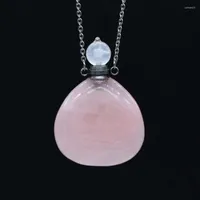 Pendant Necklaces 1PC Natural Gems Rose Quartzs Perfume Bottle Flat Round Shape Essential Oil Diffuser Necklace Women Gift