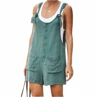 women's Jumpsuits & Rompers Women Cotton Linen Short Romper Summer Strappy Straight Playsuits 2021 Casual Buttons Loose Ladies Big Pocket Ov U6ND#
