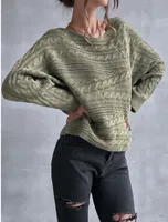Pull d'￩quipage pour femmes C￢ble de cou solide Batwing Sweater vintage ￠ manches longues