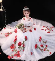 Schoonheid Wit Lace/Tule Jewel Girl's Pageant-jurken Flower Girl-jurken Vakantie/Verjaardag Prinses Rok Custom Maat 2-14 F924054 Treinlengte
