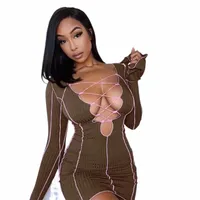 casual Dresses 2021 Sexy Lace Up Deep V Neck Ribbed Long Sleeve Bodycon Women Patchwork Club Partywear Fashion Mini Dress Fall r2iQ#
