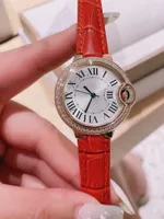 Brand Classic Geometric Roman Numerals Watches Vintage Red Genuine Leather Wristwatch Women Zircon Quartz Watch White Dial Female Clock 33mm