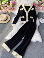 Autumn Women Elegant Two Pieces Set Knitted Casual Cardigans Wide Leg Trousers Suit Femme Fashion Sweater Outfits Clothes New