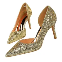 Women 8cm High Heels Glitter Low Sequins Sparkly Office Pumps Lady Elegant Female Wedding Bridal Scarpins Gold Shoes Sandals3134