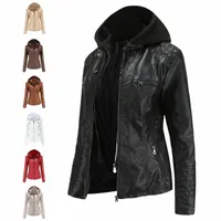 women's Leather & Faux Autumn Winter PU Jackets For Women Motorcycle Jacket Long Sleeve Zipper Removable Hooded Coat Black Outerwear Plus Si R7Ry#