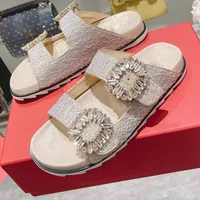 Flat bottom Slippers Fashion Swarovski crystal Rhinestone sandal for Women quality Genuine Leather Flash drill Buckle Slides shoes236H