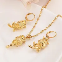 Christmas 24k Yellow solid fine gold GF root flower rose Bridal Jewelry Set Women pendant Earrings girls charm party gift New341B