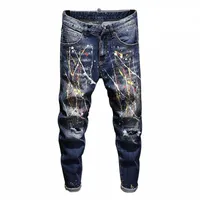 men's Jeans Fashion Mens Hip Hop Casual Ripped Distressed Skinny Denim Pants Small Straight Paint Splashing Hole Y0fA#