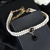 Vintage Brand Designer Pendant Necklace Logo Black Water Drop 3 Layers Crystal Double Pearl Chain Choker For Women Jewelry233p