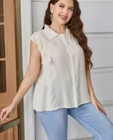 Chemises de chemisiers pour femmes plus taille de couleur unie à volants solide, chemise de chemise sans manches bouton décontractée