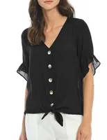Camisas de blusa para mujeres Summer Business Chiffon Casual-cuello en V bot￳n Ruffle Camiseta corta Color s￳lido Down Blusa