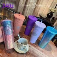 24oz de canecas personalizadas da Starbucks com o logotipo iridescente bling arco -íris unicórnio cravejado copo frio caneca de café com palha reutilizável clea 2022
