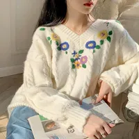 Women's Sweaters 2022 Fall Winter Women Sweater Oversized Knitted Loose Retro Pullover V Neck Tops Flower Harajuku Embroidery