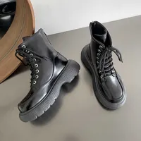 Boots 2022 New Pu Leather Black Thick Soles Women Combat Ankle LaceUp Shoes Winter motorcycle boots J220923