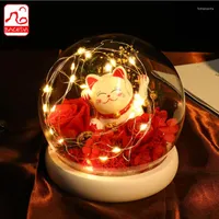 Jewelry Pouches Baceda Valentine's Day Gift Fortune Cat Lucky Enternal Immortalized Flower With Glass Cover Box Birthday