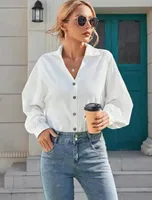 Kadınlar Bluz Düğmesi Gömlek V-Guth Bluz Kavur Uzun Kollu Gevşek Puf Katı