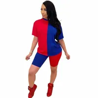 color Block Splice Two Piece Set Summer Clothes For Women Tracksuit T-shirt Top Shorts 2 Pcs Outfits Matching Sets Lounge Wear Women's Track V9C6#