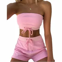 summer Women Candy Color Two Pieces Set Off Shoulder Tube Tops Crop Top Elastic High Waist Shorts Outfit Tracksuit Outwear Women's Tracksuit H8Dw#