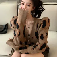 Tricot féminin t-t-shirt leopardo faire vintage casaco de malha cardigan causal bouff manga longa camisola com décote em v nova mulher