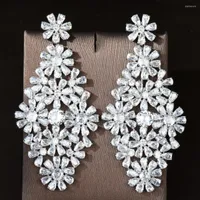 매달린 귀걸이 Hibride Long CZ Big Crystal Dangling Flower Shape Drop Earring Fashion Bridal Banquet Jewelry Party 액세서리