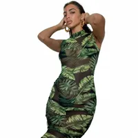 casual Dresses 2022 Style Women Summer Sleeveless Long Dress Ladies Fashion Leave Print Mesh Tight Streetwear N95z#