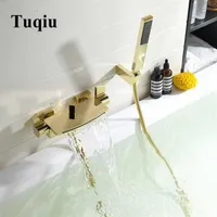 Tuqiu küvet duş seti duvara monte şelale küvet musluk banyo soğuk ve banyo ve duş mikseri pirinç altın t200612270h