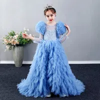 웨딩 스파게티 레이스 플로럴 아플리케 계층 스커트 소녀 대회 드레스 볼 가운 아이 투투 생일 가운을위한 귀여운 꽃 소녀 드레스