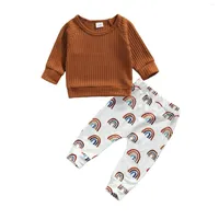 Clothing Sets 2022 Infant Baby Girls Long Sleeve Waff Plaid Tops Shirt Trousers Rainbow Print Elastic Waist Casual Style Spring